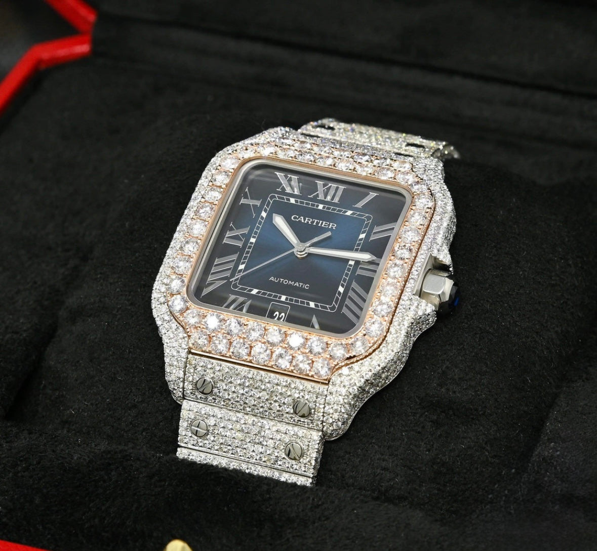 Cartier Santos 100 XL Blue Full Iced Everose